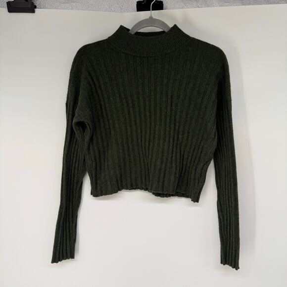 Madewell Mockneck Crop Sweater Women's Sze M Hthr Dark Forest Ribbed Style NM625 - Picture 2 of 8